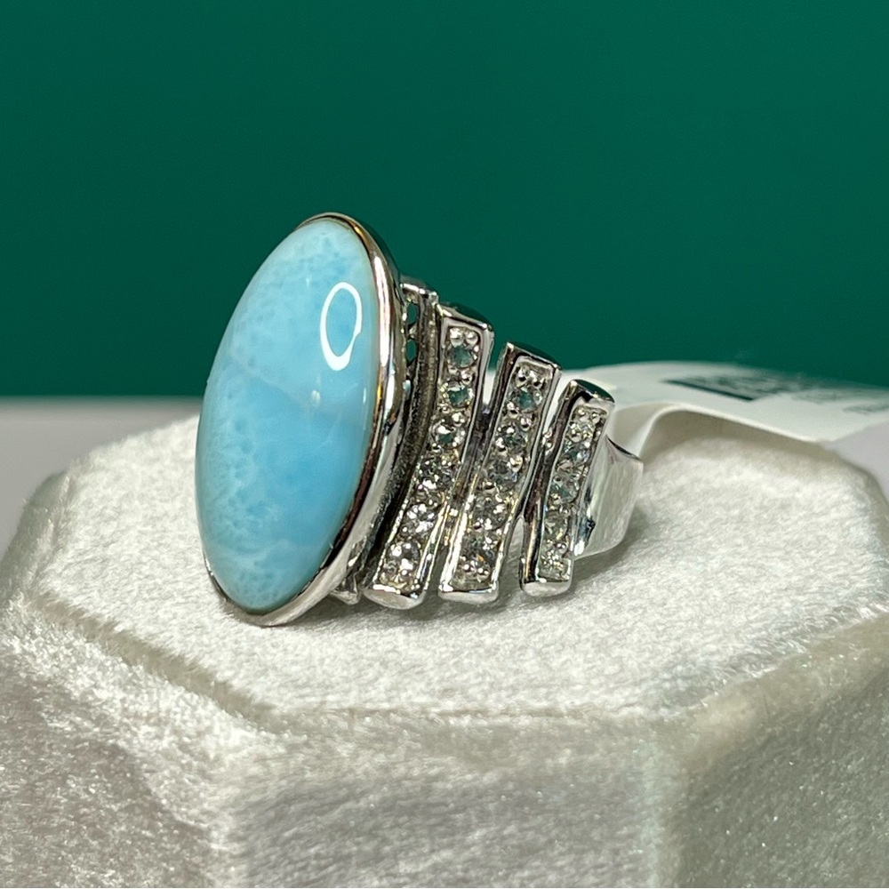 Larimar Wide Sterling Silver Ring White Topaz Accents Size 6 JTV NWT - Picture 2 of 7